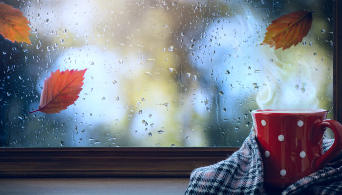 red cup with hot drink and wet autumnal window; Autumn season background