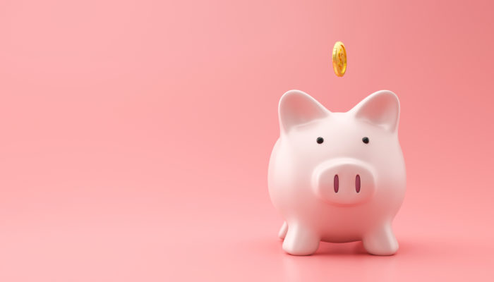 Piggy bank and golden coin on pink background with saving money concept. Financial planning for the future. 3D rendering.